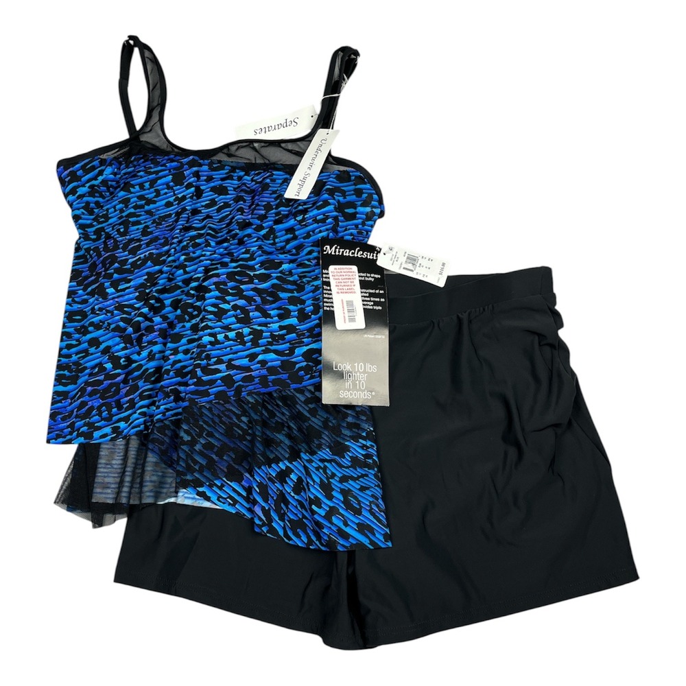 Miraclesuit NEW Mirage Tankini Set Women's 12 Blue Black Animal Print Underwire